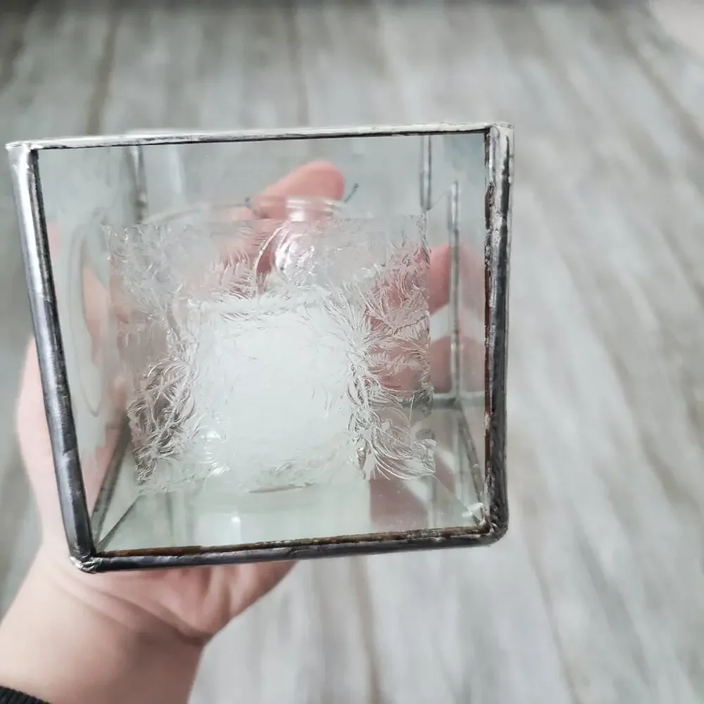 Vintage Clear Glass Luminary Candle Holder Square Jar Decor Frosted Glass